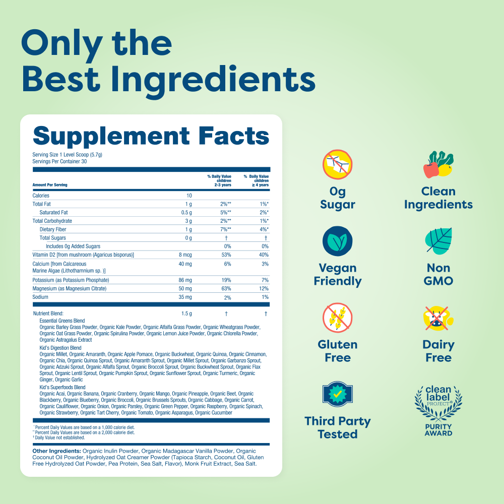 Current Hiya Kids Daily Greens + Superfoods Vanilla Supplement Facts label