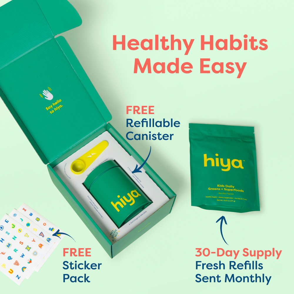 Hiya Vanilla Greens first shipment with canister, refill pouch, scoop, and sticker pack
