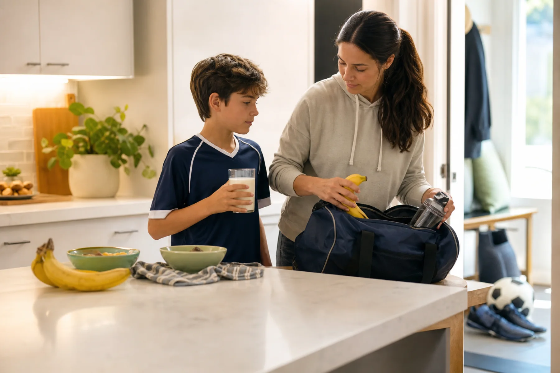 Parent packing a soccer bag while a child in a navy soccer jersey drinks milk at breakfast